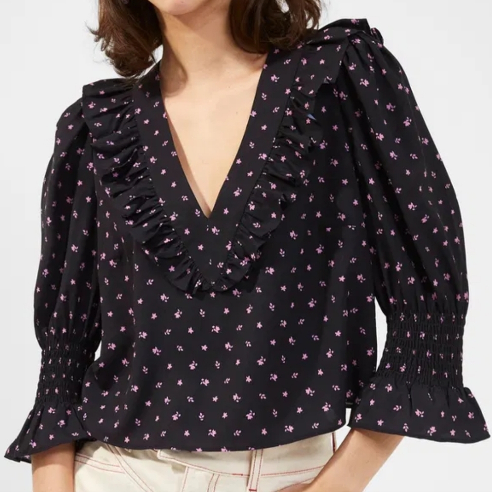 French Connection Blue Ruffled 3/4 Sleeve Blouse